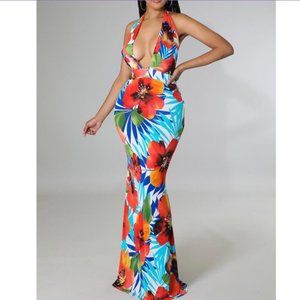 Codigo Tropical Floral Printed Maxi Halter Tie Dress White Orange multi New